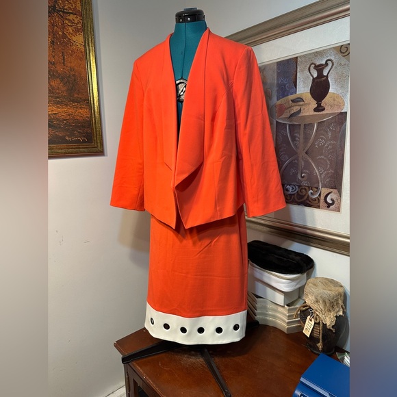 Nine West Orange Lined Stretch grommets Skirt Jacket Set Outfit Size 14W/16W - Picture 3 of 12